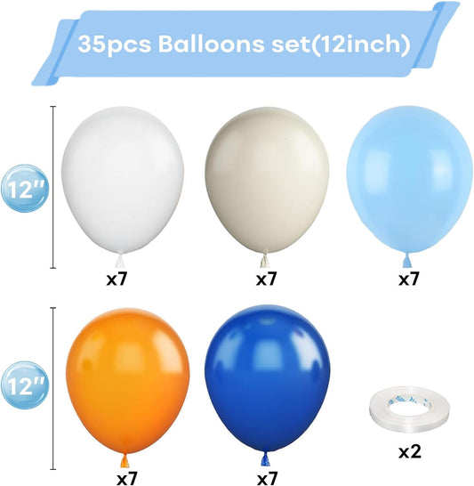 Togvu Orange and Blue Balloon, 12 Inch Orange Blue White Latex Balloons Orange Royal Blue White Balloons with Ribbons for Kids Birthday Baby Shower Space Thema Party Decorations