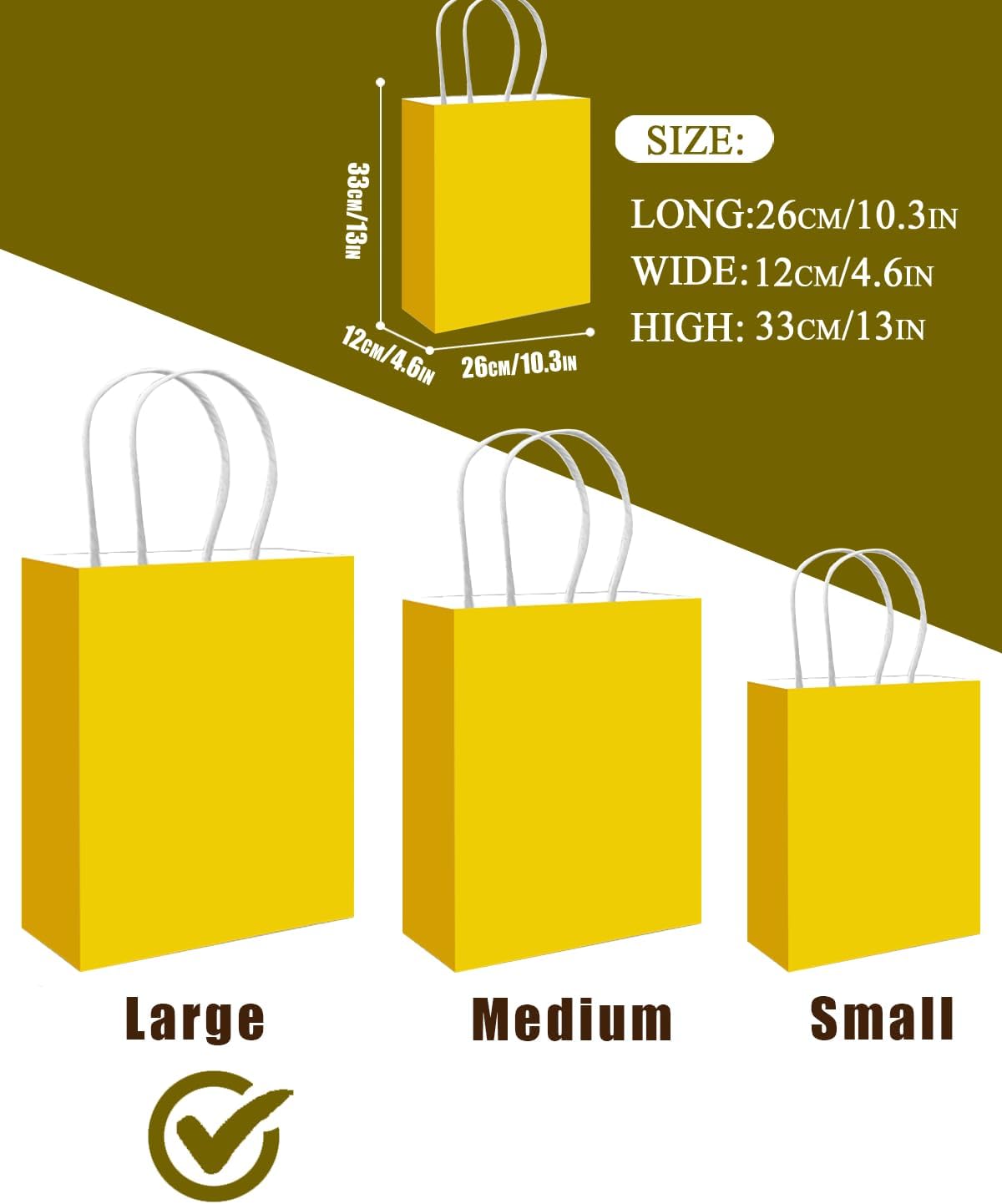 qiqee 50-Packs Bright Yellow Paper Gift Bags with Handles Bulk 13"x10.3"x4.6" Large Size Party Favor Bags Multiple Uses