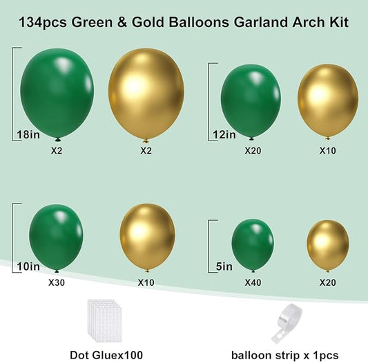 Green and Gold Balloons Arch Garland Kit, 134pcs Metallic Gold and Dark Green Balloons with Different Size for Birthday, Graduation, St. Patrick's Day, Baby Shower, Jungle Party Decorations…