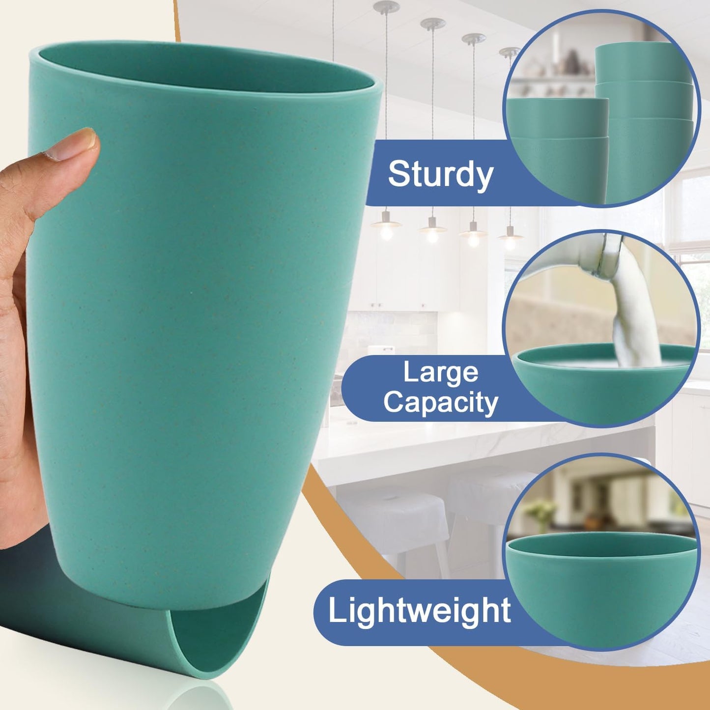 Wheat Straw Cup 20 OZ Large Drinking Glasses | Set of 6 Alternatives to Plastic Cups Reusable Unbreakable Drinking Cup Microwave and Dishwasher Safe Cups | Kitchen Water Glasses - Gree