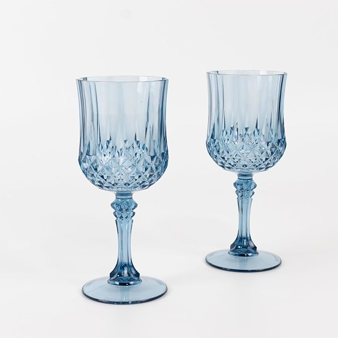 Efavormart 6-Pack Plastic Wine Glasses 8oz, Dusty Blue - Crystal Cut Shatterproof Cocktail Goblets Drinking Glasses