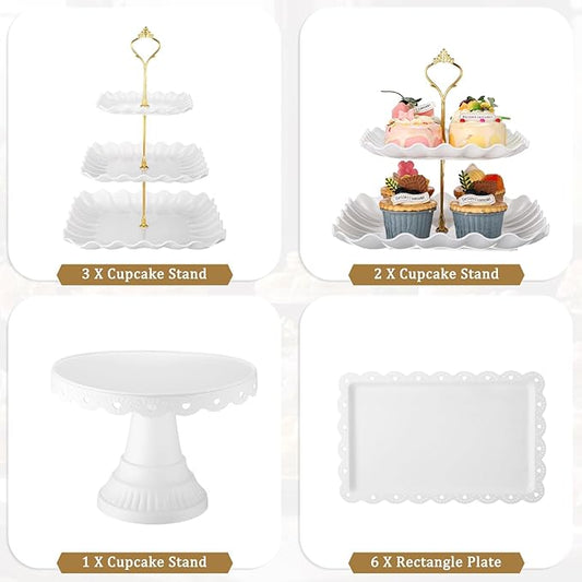 Willinglong 12 Pcs Dessert Cupcake Stand Holder, Cake Table Display Set Include 5 Cupcake Stand Tiered Tower 1 Cake Holder 6 Serving Tray Combo for Tea Party Birthday Baby Shower Wedding(White,Gold)
