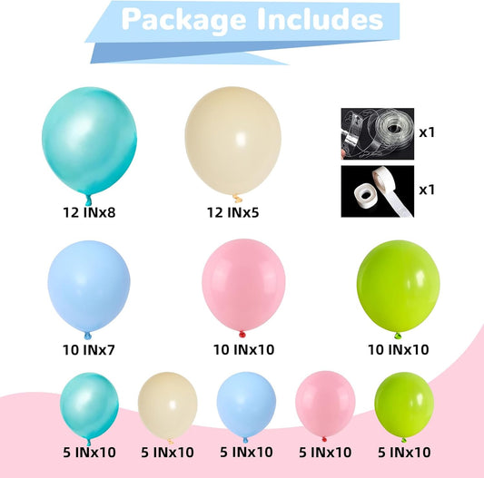 Summer Tropical Balloon Arch Kit Hawaiian Pearl Teal Blue Lime Green Pastel Pink Blue Ivory Colorful Balloons Garland for Hawaiian Luau Aloha Pool Beach Birthday Baby Shower Party Decorations