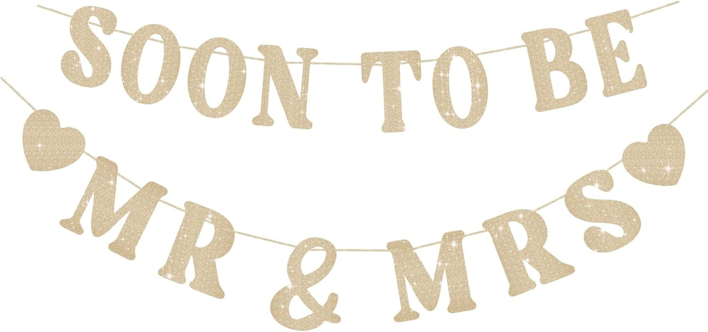 Soon To Be Mr & Mrs Sign Banner For Bridal Shower Decorations, Pre-strung Gold Glitter Wedding Shower Decorations For Home Party, Engagement Banner For Bachelorette Couples Shower