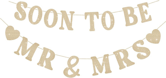 Soon To Be Mr & Mrs Sign Banner For Bridal Shower Decorations, Pre-strung Gold Glitter Wedding Shower Decorations For Home Party, Engagement Banner For Bachelorette Couples Shower