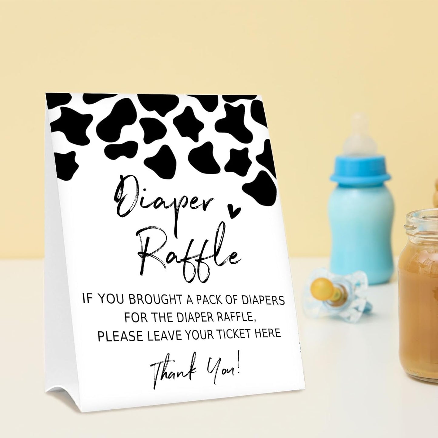 Diaper Raffle Tickets for Baby Shower Game, 1 Standing Sign & 50 Guessing Cards for Baby Shower Party Decoration, Dairy cow