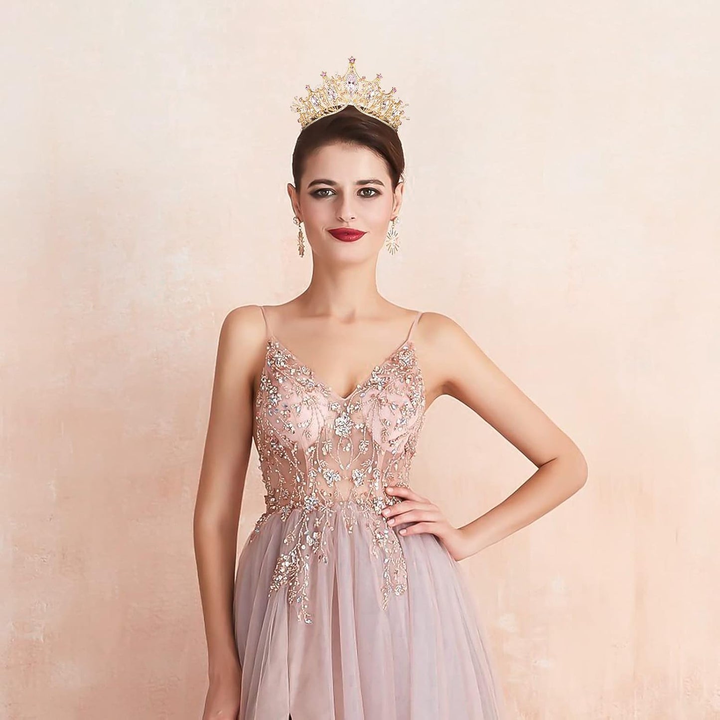 Yolmina Pink Baroque Vintage Crown, Crystal & Pearl Tiara for Women & Girls, Wedding & Party Accessory
