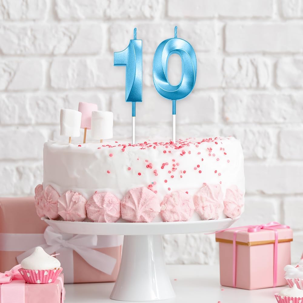 Number 10 Candle 10th Birthday Decorations for Boys - 2 Blue Birthday Candles (Number 1 & 0) - Modern, Odorless, Non-Toxic, Smokeless - Perfect for Birthdays, Anniversaries & Parties