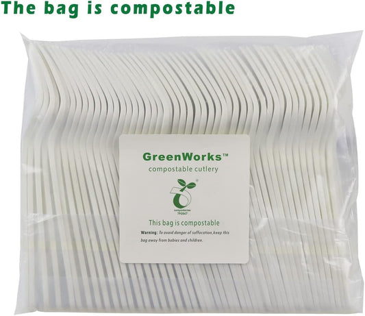 GreenWorks 1000 Count 7" Heavy-duty Compostable Forks, BPI Certified Large Bulk Disposable Cutlery Fork
