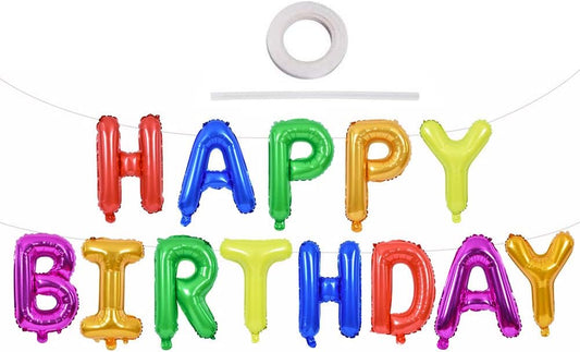 TONIFUL 7 Color Rainbow Happy Birthday Balloons Banner, 16 Inches Colorful Mylar Foil Letter Sign Balloons Banner Bunting for Girls Boys Kids & Adults Birthday Decorations