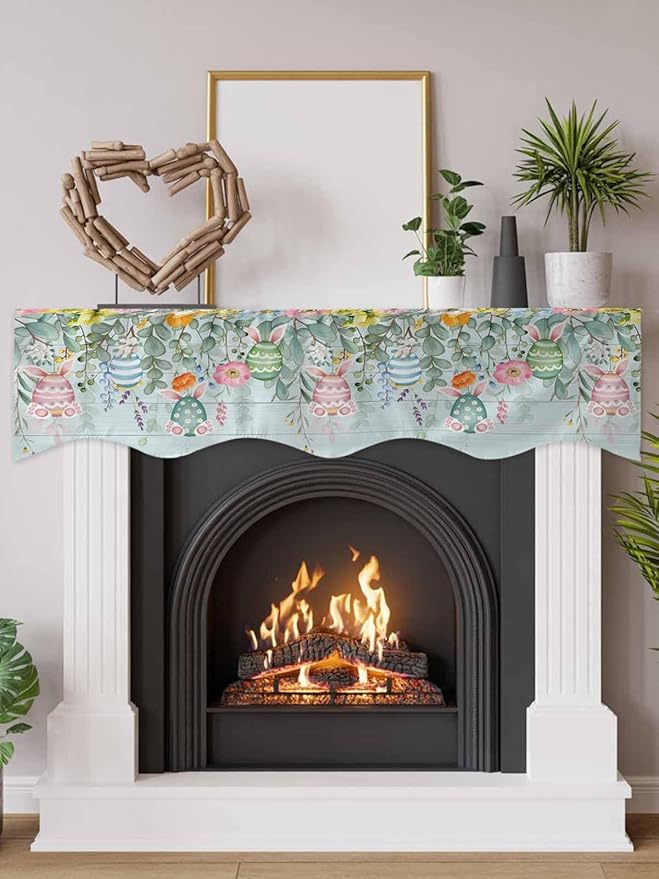 Easter Fireplace Mantel Scarf Table Runner, Spring Eggs Eucalyptus Branch Floral Wooden Winter Garland Mantel Top Tablerunners Dresser Scarves Cover Decorations for Windows Party Living Room 60''x17''