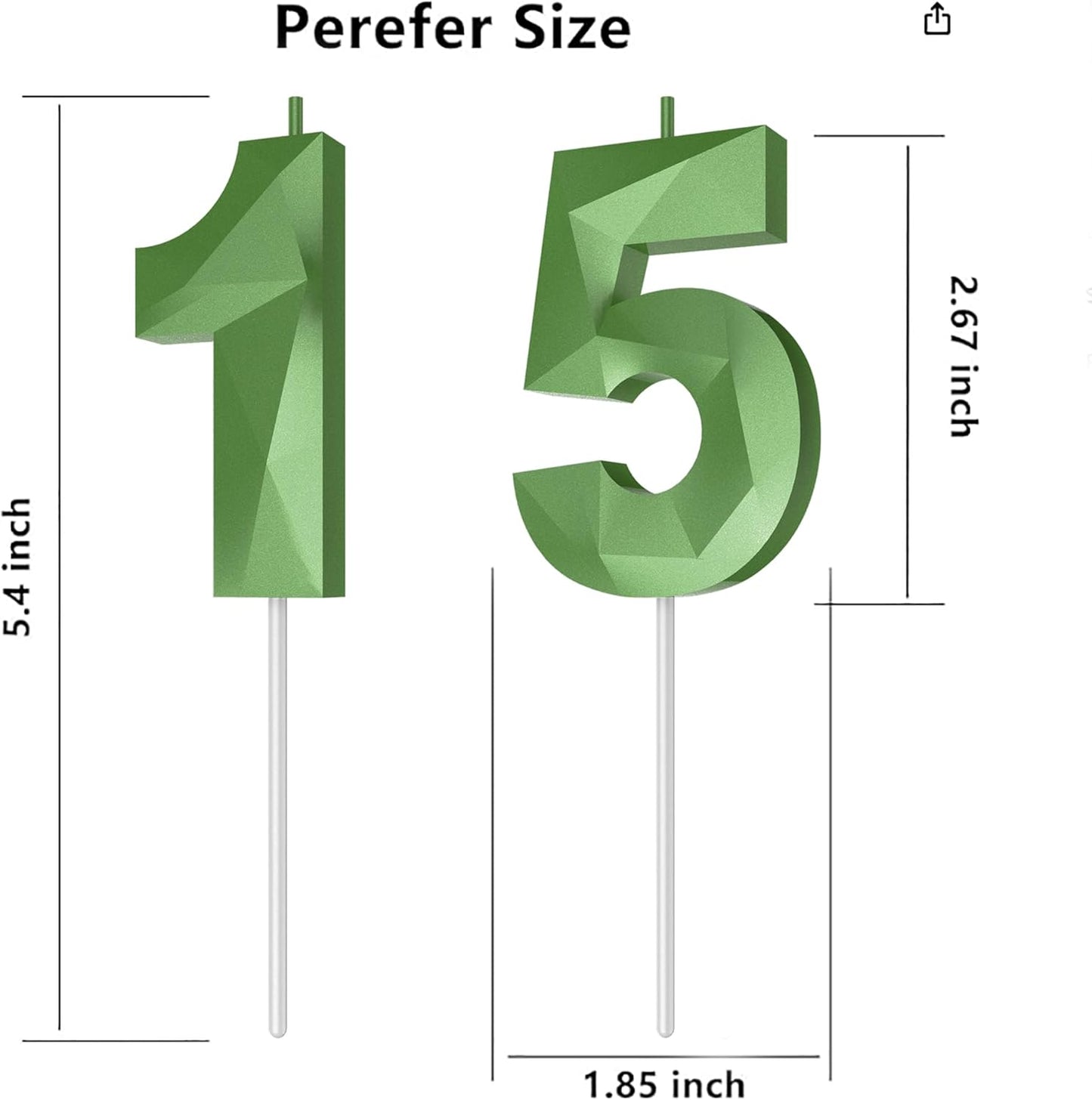 Number Birthday Candles(15 Candle Green) 3D Diamond Shape Number Happy Birthday Cake Candles for Birthday Party Wedding Decoration Reunions Theme Party