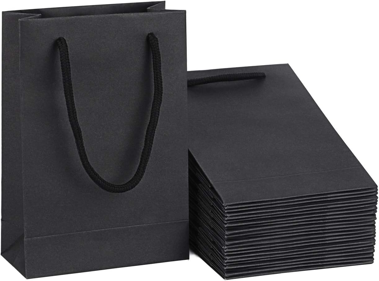 driew Black Gift Bags 50 Pack, small Black Gift Bags Black Paper Gift Bags with Cotton Handle 5x2x7.5 inches Party Gift Bags