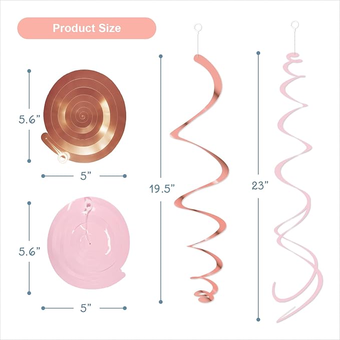 HonuGoGo Pink Hanging Swirl Decorations for Party – 42PCS Rose Gold Foil Ceiling Streamers with Hooks for Birthday, Bridal Shower, Bachelorette, Holiday Celebrations