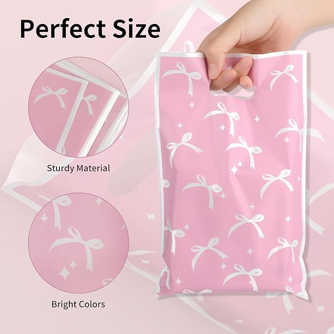 ARPOVIST 100 Pcs Pink Bow Gift Bags,9.8" x 6.5" Coquette Plastic Goody Bag with Handles for Baby Shower, Bridal, Birthday, Bachelorette, Engagement, Wedding,Candy Treat Bags Bulk