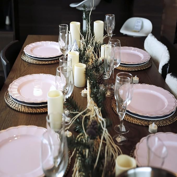 Pink Round Charger Plates,13 Inch Metallic Chargers for Dinner Plates, Gold Bead Rim Plastic Chargers For Dining, Wedding, Party, Shower. 6 Pack Decorative Holiday Tabletop Decor