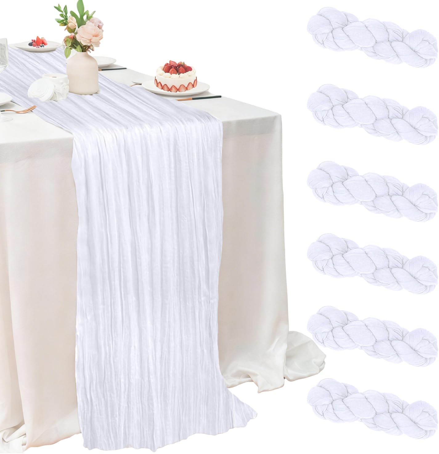6 Pack White Cheesecloth Table Runner 35x120 Inch 10Ft Boho Gauze Table Runner Long Sheer Fabric for Wedding Birthday Baby Shower Party Centerpiece Decoration