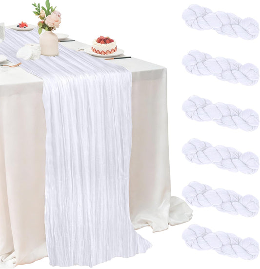 6 Pack White Cheesecloth Table Runner 35x120 Inch 10Ft Boho Gauze Table Runner Long Sheer Fabric for Wedding Birthday Baby Shower Party Centerpiece Decoration