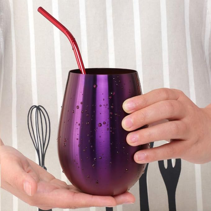 Buyer Star 304 Stainless Steel Wine Glasses Set of 2 - Large 17 oz Outdoor Stemless Wine Tumblers - 100% Unbreakable & Stemless Metal Drinking Cups for Home and Outdoors Dishwasher safe (Black&Purple)