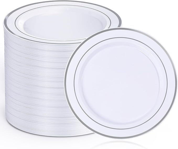 100Pcs White Plastic Dessert Plates, Disposable Salad Plate with Silver Rim, Premium Hard Fancy Small Plates, Heavy Duty Plastic Cakes Plates for Party, Wedding and Birthday
