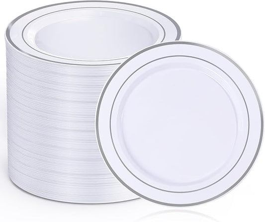 100Pcs White Plastic Dessert Plates, Disposable Salad Plate with Silver Rim, Premium Hard Fancy Small Plates, Heavy Duty Plastic Cakes Plates for Party, Wedding and Birthday