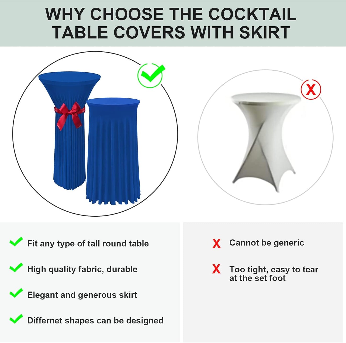 Cocktail Table Covers - 2 Pack 24"x 43" Royal Blue Cocktail Table Tablecloth with Natural Wavy Round Skirt for Bar Wedding Party Banquet