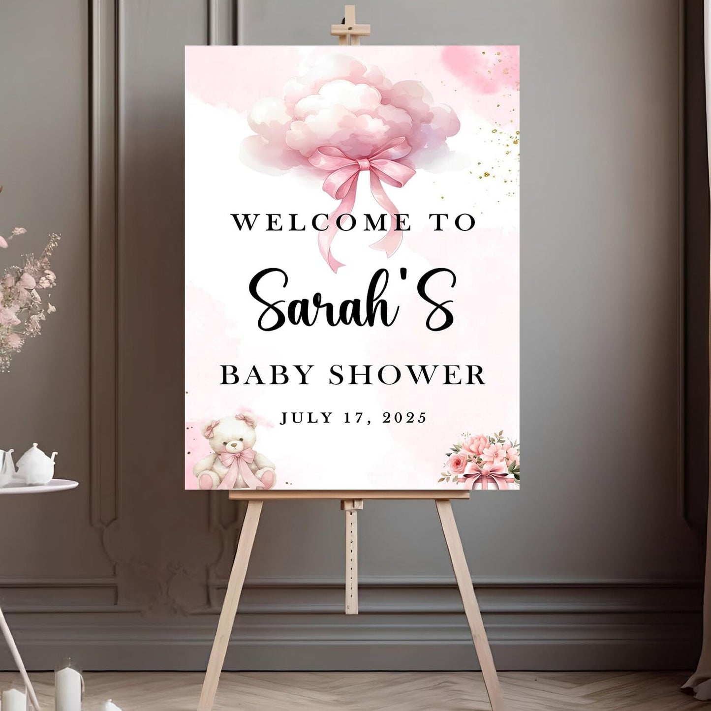 Editable Pink Bow Welcome Sign For Baby Shower, Baby Shower Decor, Ribbon Blush Baby Shower Decoration, Baby Shower Welcome Sign, Baby Shower Sign Stand, Sweet Baby Shower Personalized