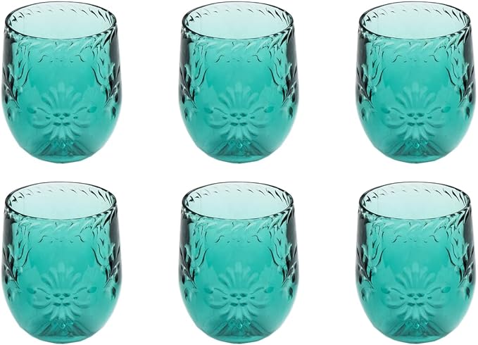 Talavera Premium Acrylic Drinkware Indoor/Outdoor Stemless Wine/Tumbler, Teal, 13.3oz, Set of 6