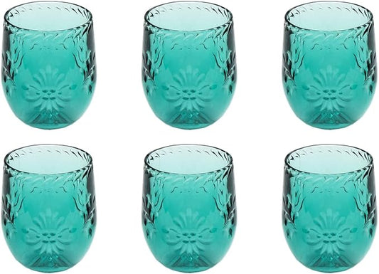 Talavera Premium Acrylic Drinkware Indoor/Outdoor Stemless Wine/Tumbler, Teal, 13.3oz, Set of 6
