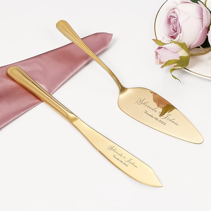 Personalized Wedding Cake Knife and Server Set, Vintage Engraved 2-Piece Pie Cake Cutter Serving Set, Custom Bridal Anniversary Birthday Quinceaera Gift