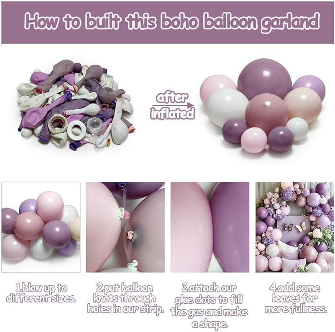 Purple Pink Balloon Arch Kit, Double Stuffed Pastel Pink Lavender White Beige Balloon Garland Dusty Light Lilac Cream Balloons for Birthday Baby Shower Wedding Butterfly Flower Mothers Day Party Decor