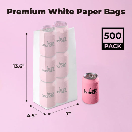 Fit Meal Prep 500 Pack 12 lb White Paper Lunch Bags, 13 x 7 x 4.5" Durable Paper Bags Bulk for Packing, Delivery, Take Out, Grocery, Retail Shopping, Premium Sack for Snacks, Bakery