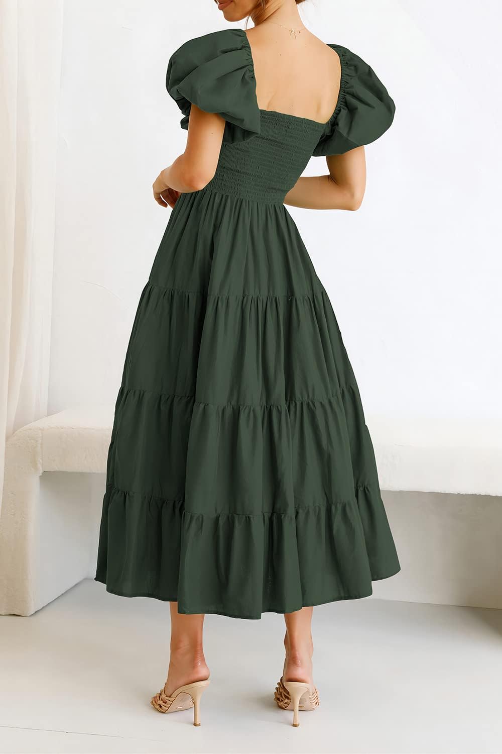 PRETTYGARDEN Women's Casual Summer Midi Dress Puffy Short Sleeve Square Neck Smocked Tiered Ruffle Dresses