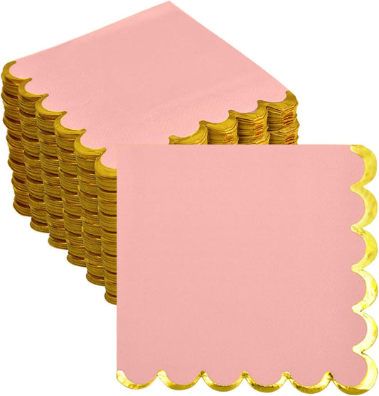 200 Pack Pink Paper Napkins Gold Foil Scalloped Cocktail Napkins Pink Disposable Beverage Napkins for Pink Themed Party Supplies Birthday Baby Shower Wedding Dinnerware Tableware Decorations
