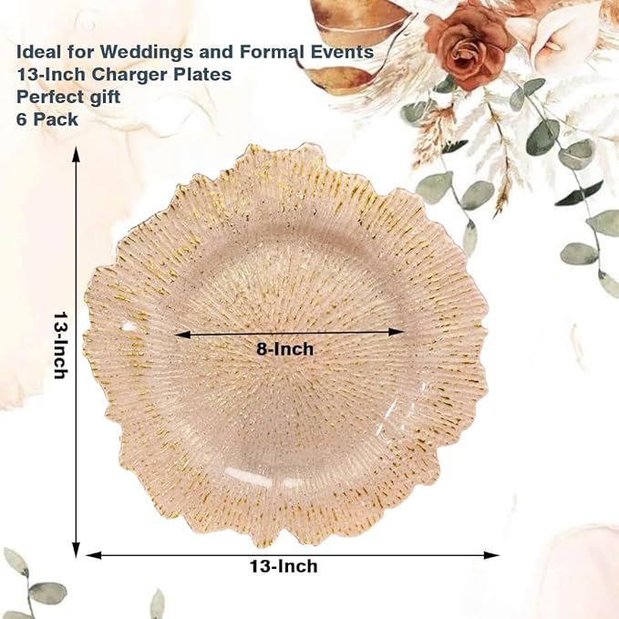 Pink Charger Plates,13 Inch Reef Plastic Chargers for Dinner Plate, Decorative Chargers for Wedding,Elegant Parties, Banquets and Table Decor(Set Of 6)