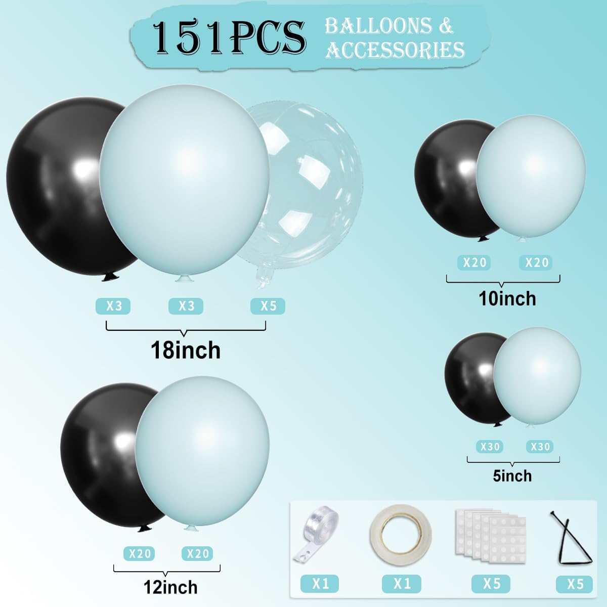 Macaron Blue and Black Balloons Arch Kit & Garland, 151Pcs Light Blue Black Bobo Different Size 18 12 10 5 inch for Boss Baby, Graduation, Birthday, Gaming Party Decorations