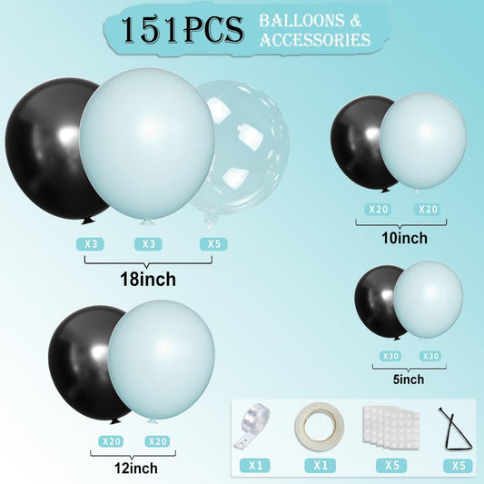 Macaron Blue and Black Balloons Arch Kit & Garland, 151Pcs Light Blue Black Bobo Different Size 18 12 10 5 inch for Boss Baby, Graduation, Birthday, Gaming Party Decorations