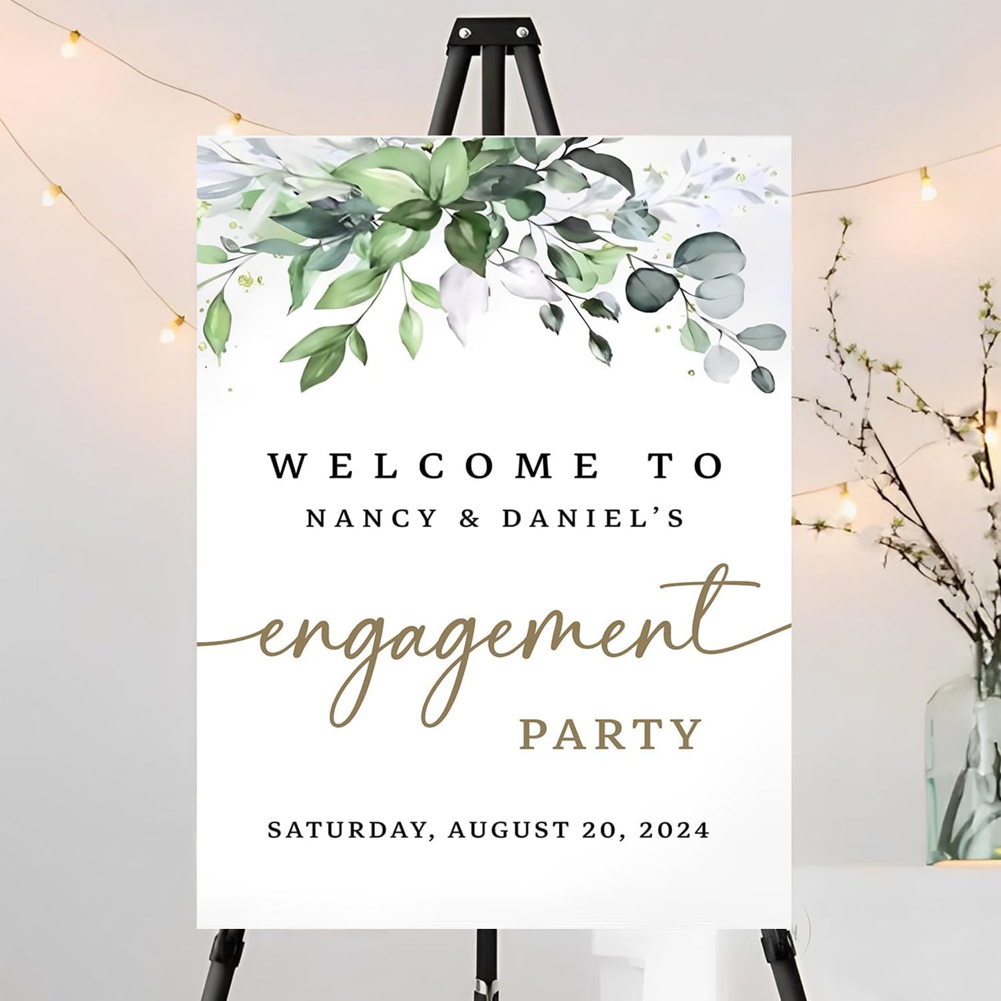 Engagement Welcome Sign, Greenery Style, Full Size, Plastic, 12x18 inches