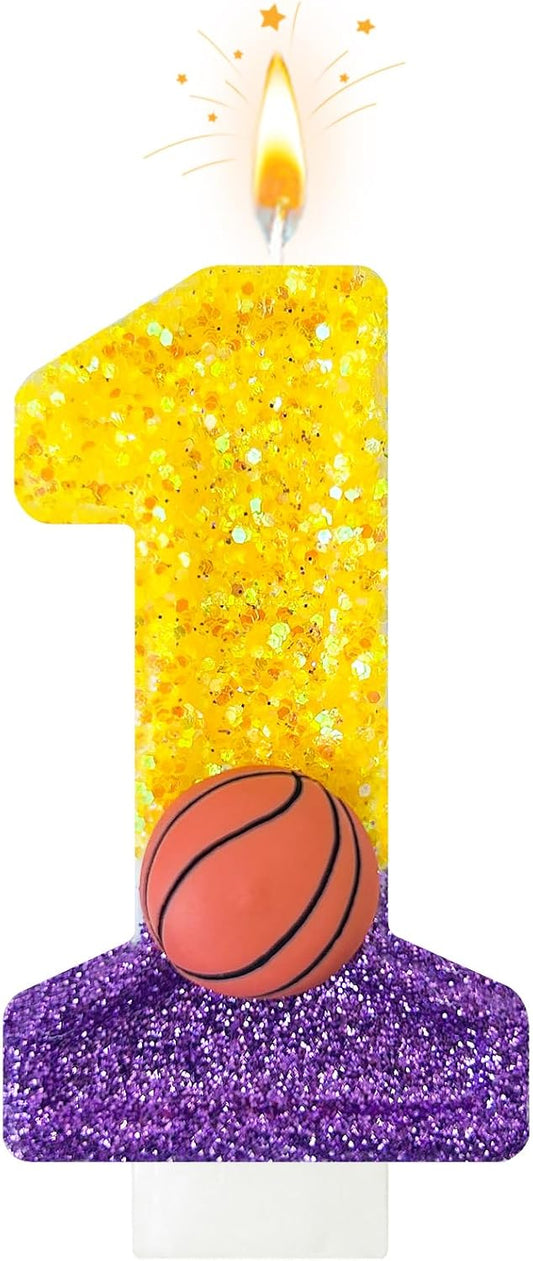 HXOUSE Basketball Number 1 Birthday Candles - Purple Gold Birthday Candles for Cake, 1 Candle for Basketball Theme Cake Topper, Boys Sport Party Decorations Gifts (No.1)
