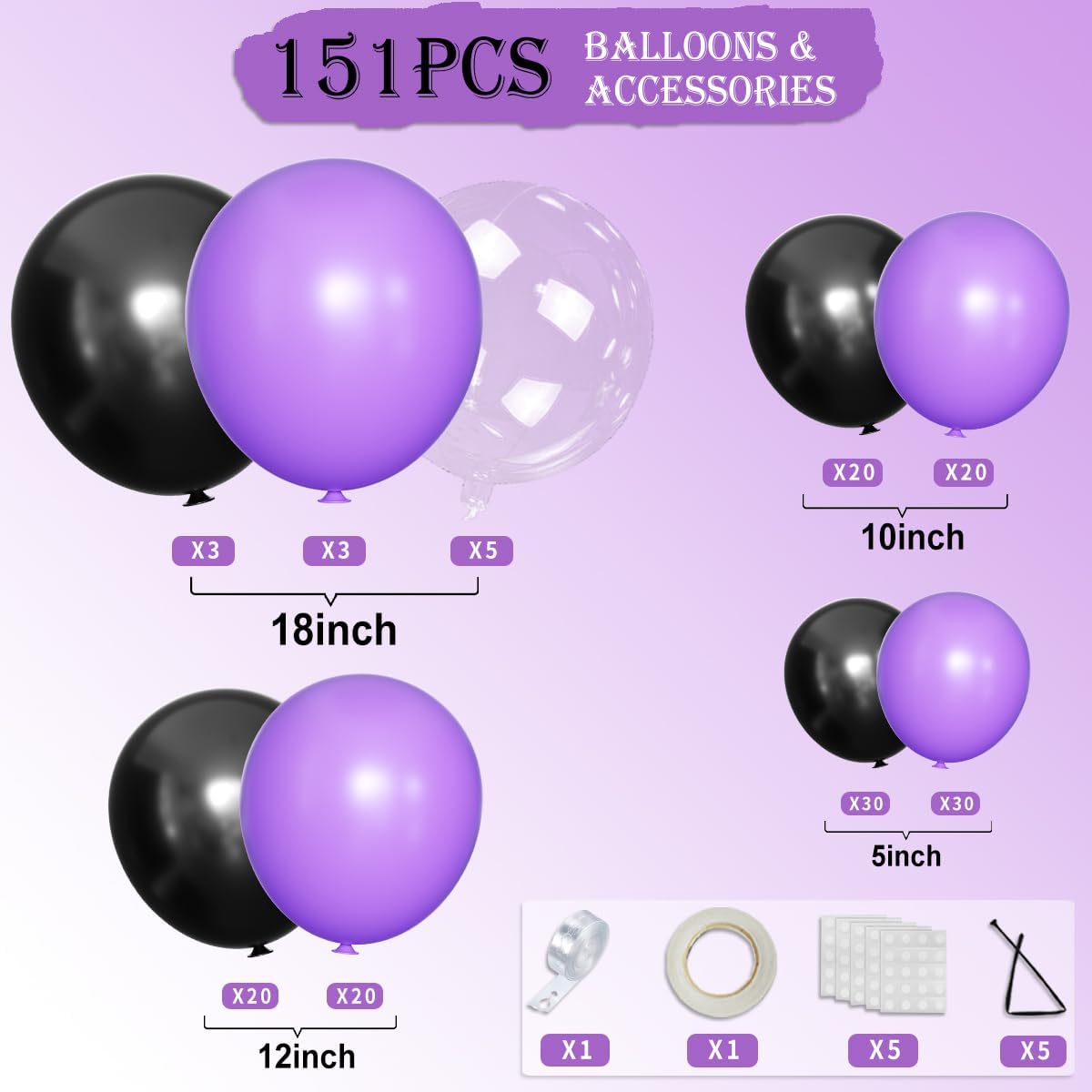 Purple and Black Balloons Garland Arch Kit, 151Pcs Latex Balloons Different Sizes 18 12 10 5 inch for Birthday, Graduation, Baby Shower, Wedding, Retirement, Halloween Party Decoration