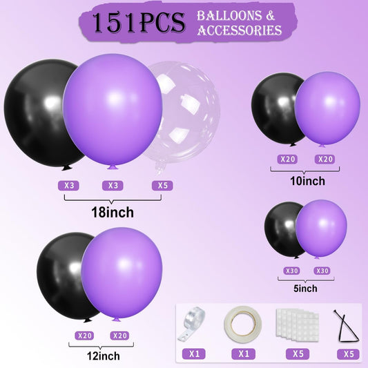 Purple and Black Balloons Garland Arch Kit, 151Pcs Latex Balloons Different Sizes 18 12 10 5 inch for Birthday, Graduation, Baby Shower, Wedding, Retirement, Halloween Party Decoration