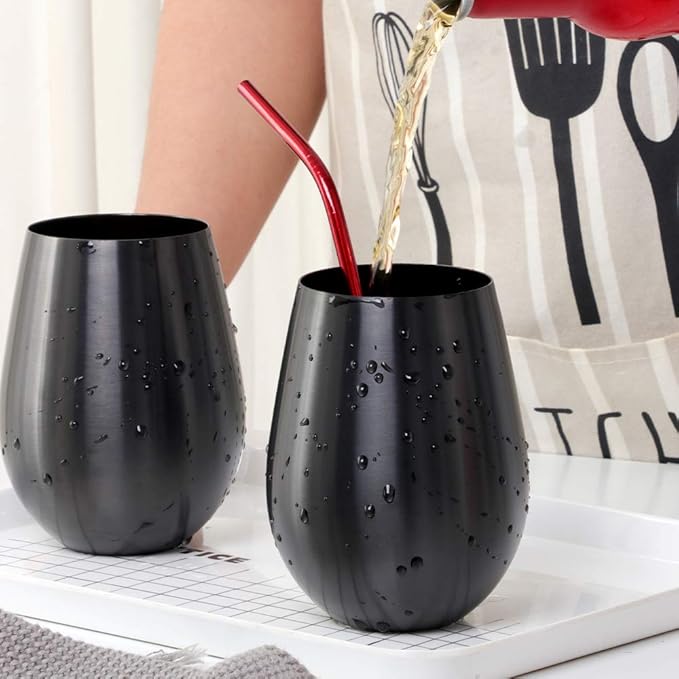 Buyer Star 304 Stainless Steel Wine Glasses Set of 2 - Large 17 oz Outdoor Stemless Wine Tumblers - 100% Unbreakable & Stemless Metal Drinking Cups for Home and Outdoors Dishwasher safe (Black&Purple)