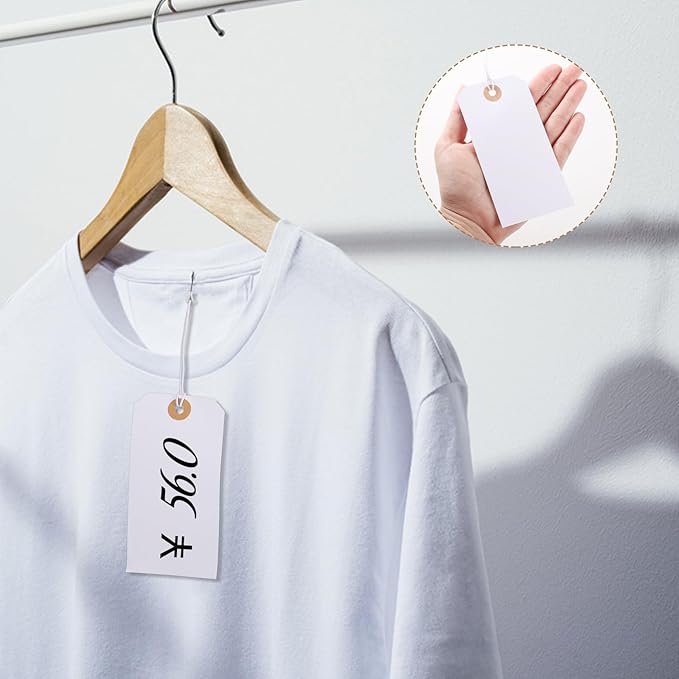 100pcs Large Price Tags with String Attached White Hang Paper Tags with Elastic String Reinforced Hole Writable Valentines Gift Tag Inventory Tag 4.76''×2.36''