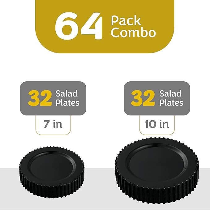 PLASTICPRO 64 Piece Combo Plastic Dinner Plates Disposable Plastic Fancy Heavy Duty Party Dishes 7 inch and 10 inch, Black Beaded