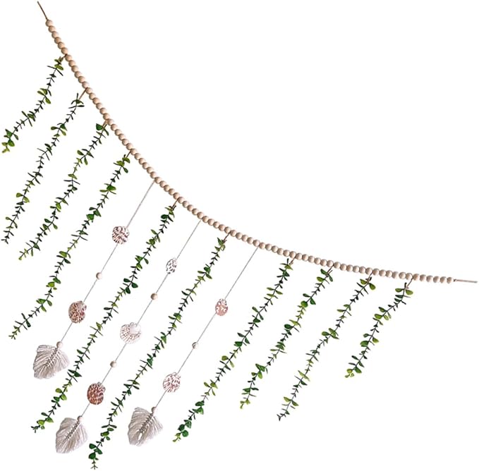 Wooden Bead and Shell Pendant Garland with Simulated Eucalyptus Leaves Lightweight Boho Hanging Decor for Door Window Aesthetic Leaf Vines Plant Decoration for Home and Party