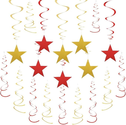 MOWO Gold Red Star Swirl Hanging Decoration for 4th July Birthday Graduation Retirement New Year Valentine's Day Party Supplies, Pack of 20