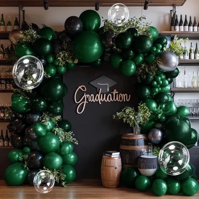 Black Green Balloon Garland Double Stuffed Dark Emerald Green Balloons Clear Bobo Metallic Black Balloon Arch Kit for Christmas New Year Birthday Bridal Shower Graduation Party Decorations