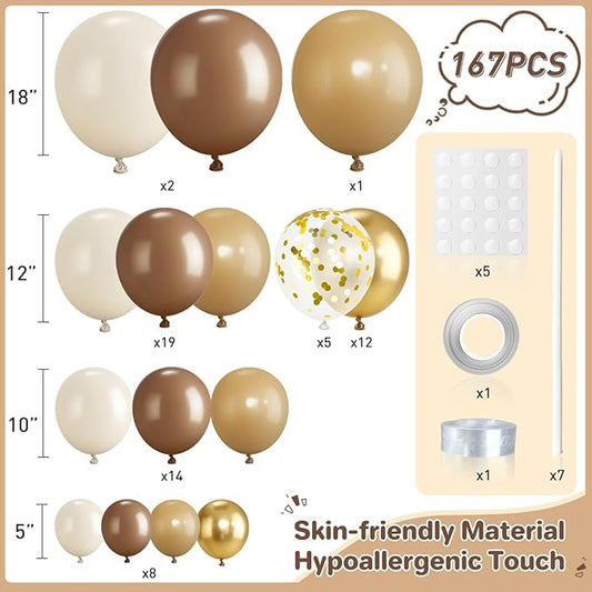 Brown Balloon Garland Arch Kit, 167Pcs Latex Balloons Different Sizes Dark Brown Camel Sand White Metallic Gold for Neutral Bear Baby Shower Safari Birthday Party Decorations