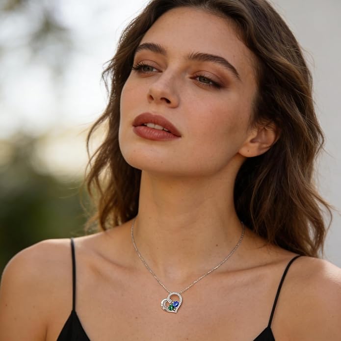 Double Birthstone Heart Necklace 0.8CT Dual-Gemstone S925 Sterling Silver Plated White Gold Engraved I Love You Perfect Anniversary/Valentine's Day Gift for Wife/Girlfriend/Mom/Daughter