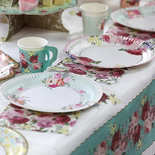 Talking Tables 50pcs Floral Afternoon Tea Party Decorations Tea Party Set Pretty Paper Plates Floral Napkins Tea cups Bunting for Birthday Mother's Day Bridal Shower Baby Shower for 16 Guests